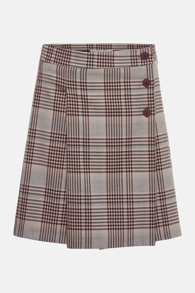 Korte veelkleurige rok van AMELIE ET AMELIE met ruitpatroon en decoratieve knopen.