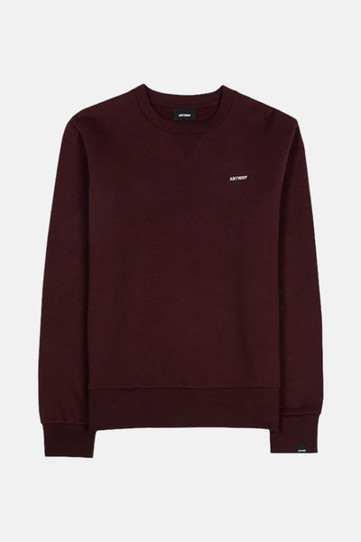 Bordeaux crewneck sweatshirt by ANTW RP with small white logo on chest, ribbed cuffs and hem, front view