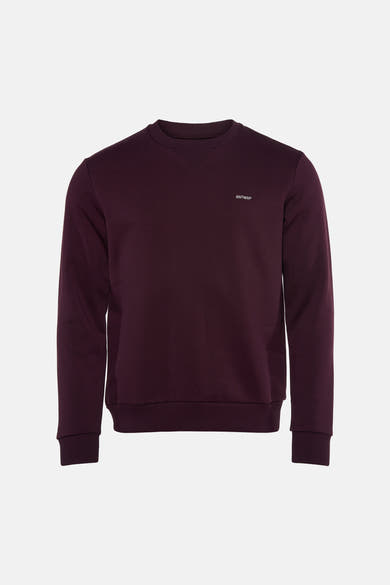 Bordeaux crewneck sweatshirt by ANTWRP with small white logo on chest, ribbed cuffs and hem, front view