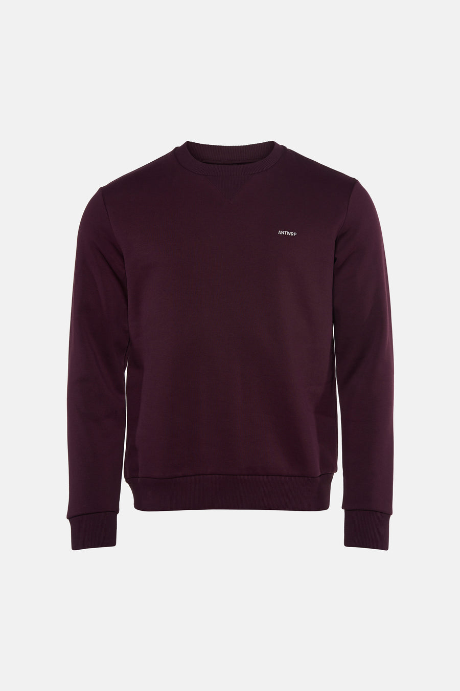 Bordeaux crewneck sweatshirt by ANTWRP with small white logo on chest, ribbed cuffs and hem, front view