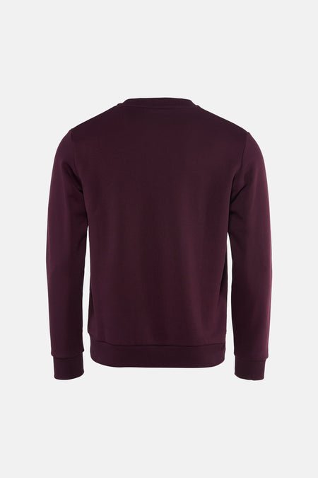 Bordeaux crewneck sweatshirt back view with ribbed cuffs and hem, solid color, soft texture