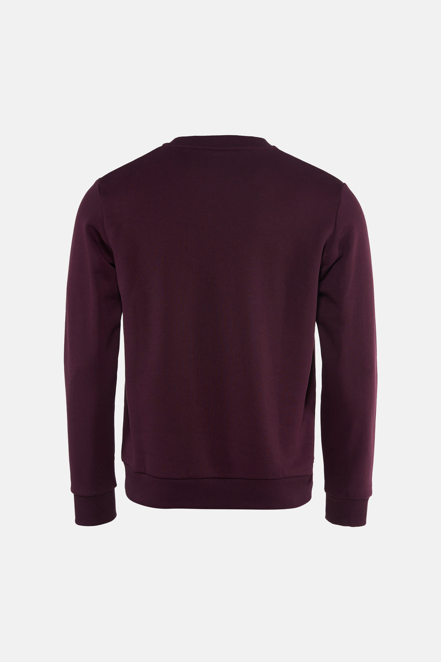 Bordeaux crewneck sweatshirt back view with ribbed cuffs and hem, solid color, soft texture