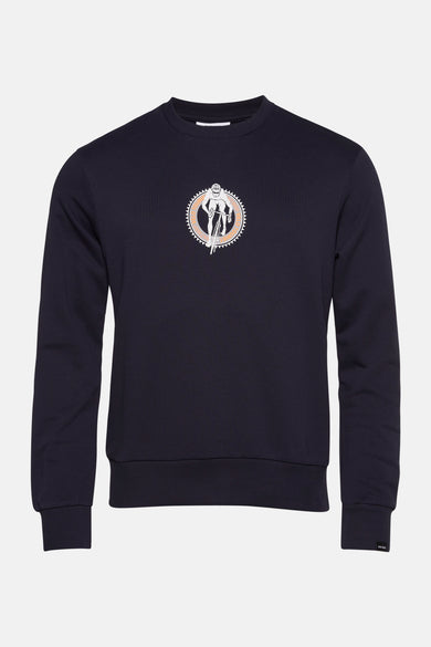 Sweat-shirt bleu de ANTWRP avec un motif cycliste décoratif sur le devant.
