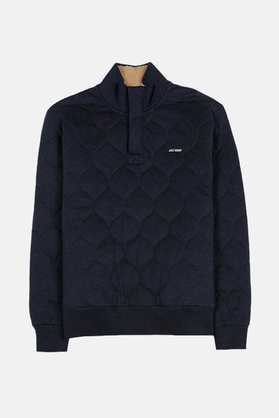 Blauwe gewatteerde sweater van ANTWRP, met opstaande kraag met knopen en ruitpatroon in reliëf.