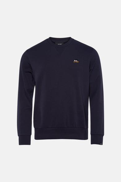 Blauwe sweater van ANTWRP, met geborduurd logo op de borst en geribbelde afwerkingen.