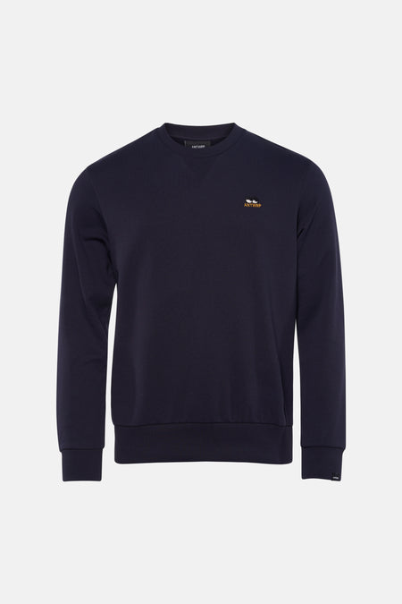 Blauwe sweater van ANTWRP, met geborduurd logo op de borst en geribbelde afwerkingen.