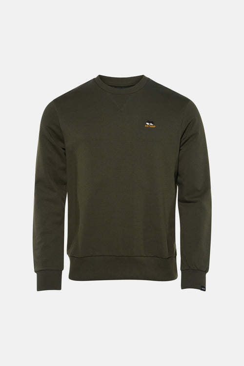 Kaki sweatshirt van ANTWRP, met een klein geborduurd logo op de borst.