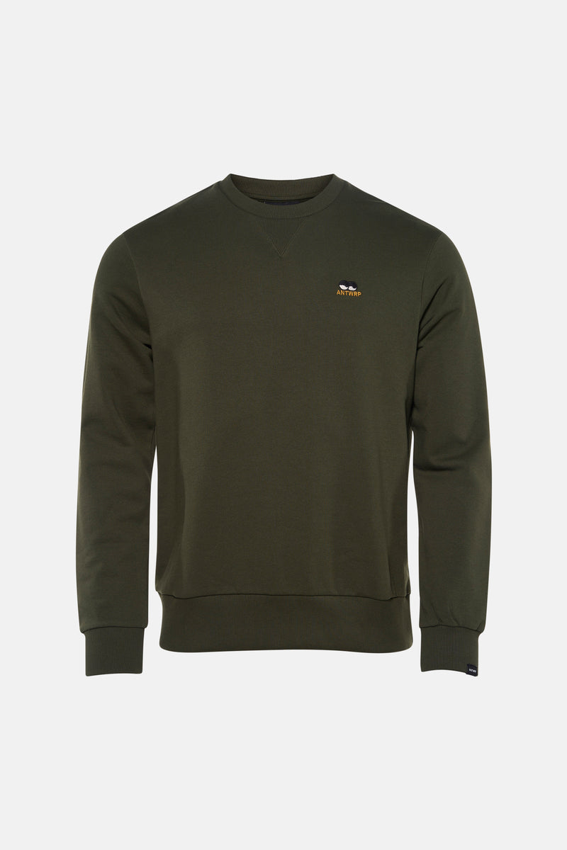 Kaki sweatshirt van ANTWRP, met een klein geborduurd logo op de borst.