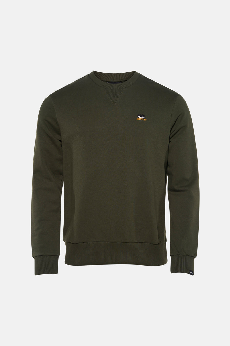 Kaki sweatshirt van ANTWRP, met een klein geborduurd logo op de borst.