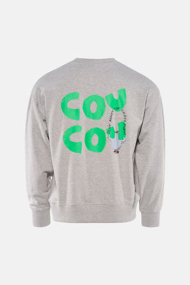 Grijze rondehals sweatshirt van ANTWRP, met een groene print en een duivenafbeelding op de rug.