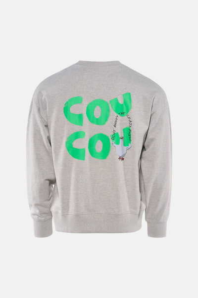 Sweat-shirt gris col rond par ANTWRP, avec un motif imprimé vert et un dessin de pigeon au dos.
