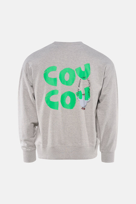 Grijze rondehals sweatshirt van ANTWRP, met een groene print en een duivenafbeelding op de rug.