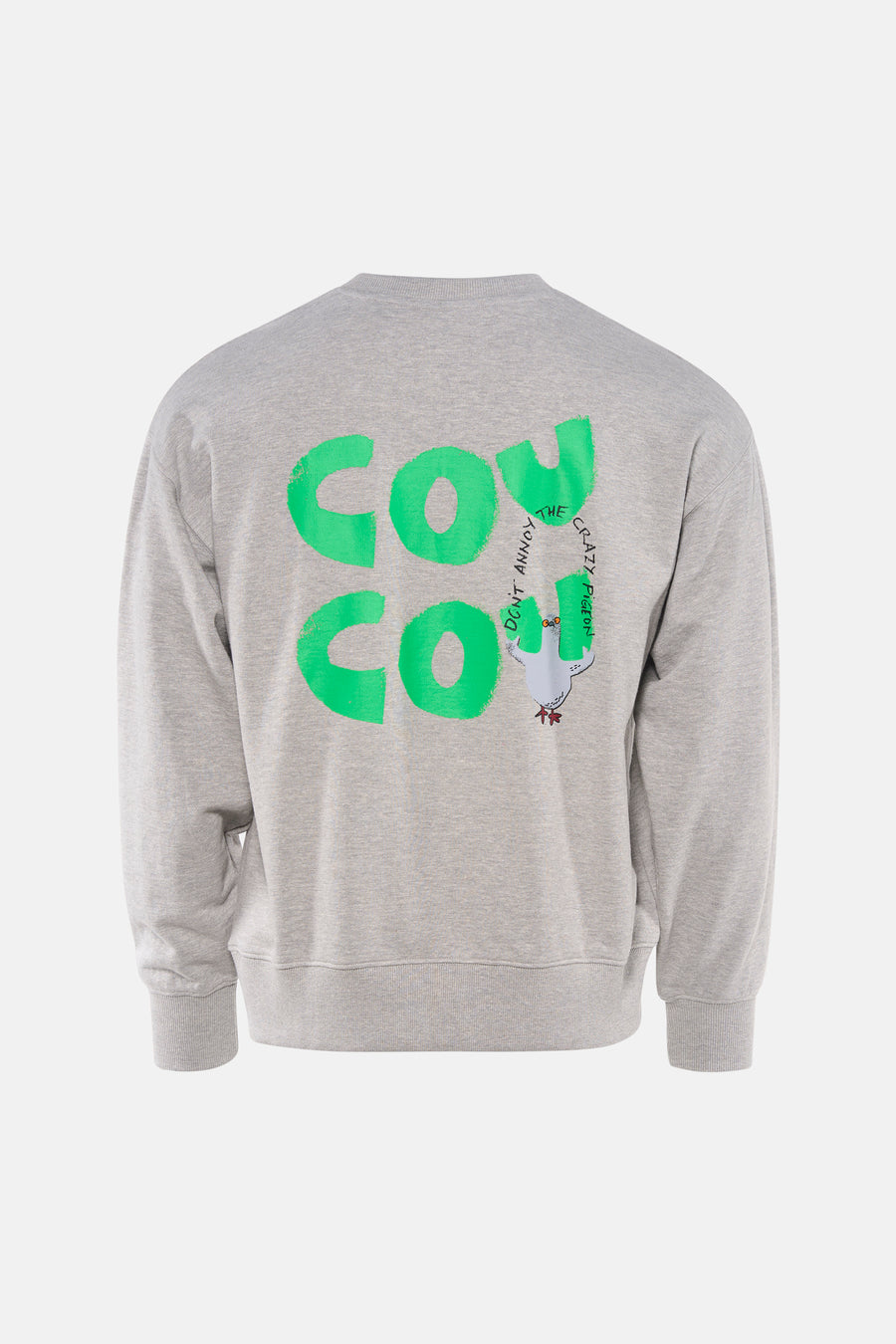 Grijze rondehals sweatshirt van ANTWRP, met een groene print en een duivenafbeelding op de rug.