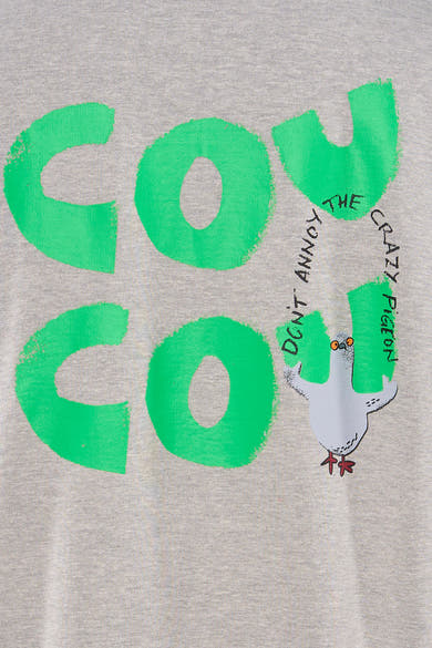 ANTWRP grijs O-hals sweatshirt, met gestileerde duifprint en humoristische slogan.