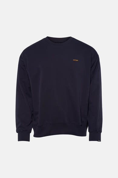 Blauwe sweater van ANTWRP, met logo op de borst en geribbelde afwerkingen.