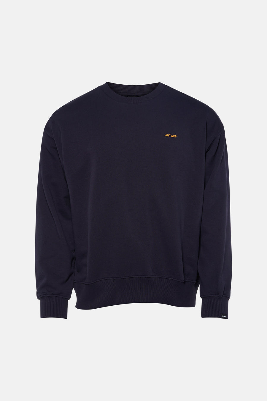 Blauwe sweater van ANTWRP, met logo op de borst en geribbelde afwerkingen.