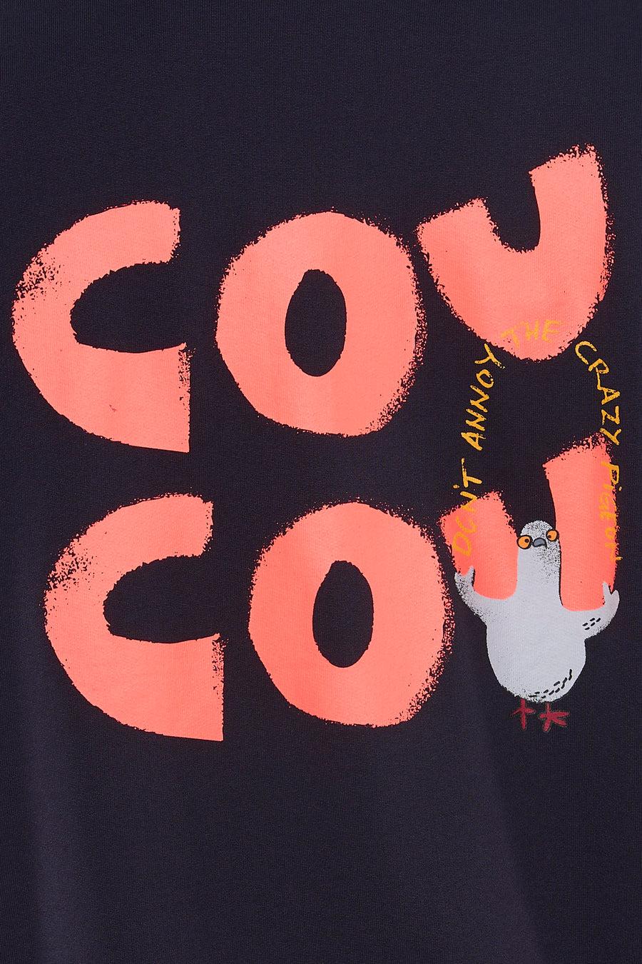 Blauwe ANTWRP sweater met een humoristische print van een duif en oranje letters.