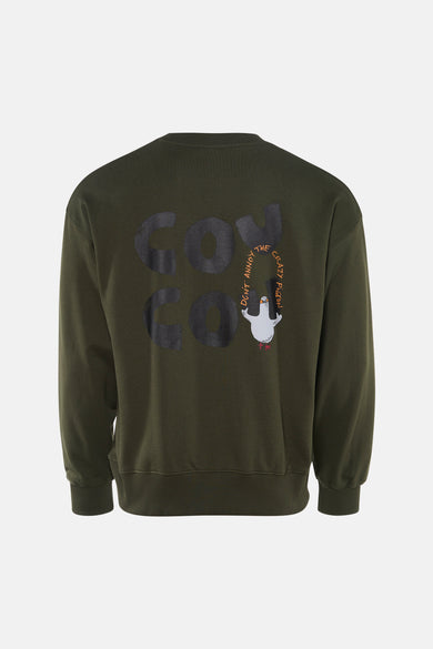 Kaki sweatshirt van ANTWRP, met "don't annoy the crazy pigeon" print op de rug.