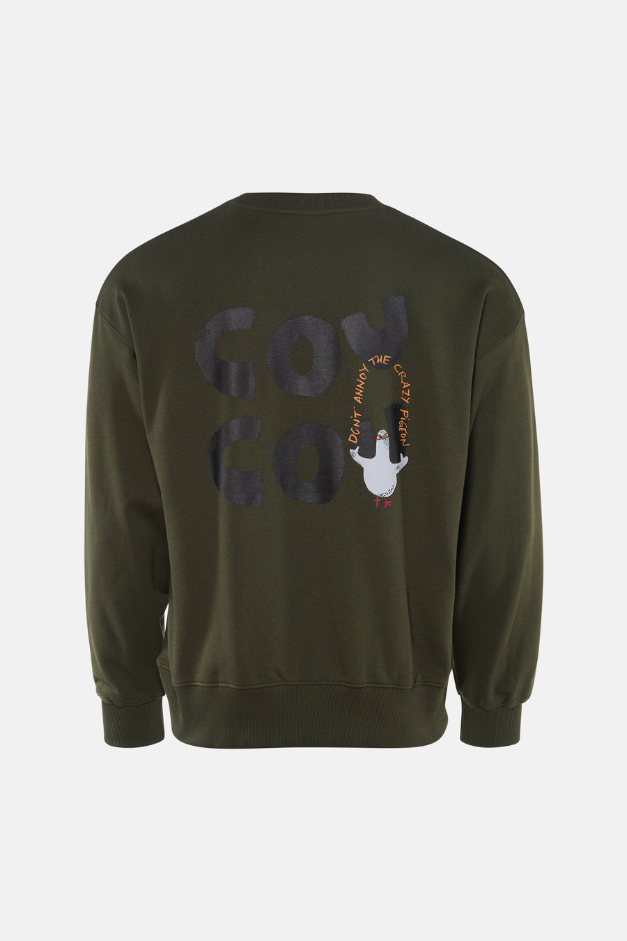 Kaki sweatshirt van ANTWRP, met "don't annoy the crazy pigeon" print op de rug.