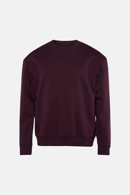 Bordeaux crewneck sweatshirt by Antwerp, front view, ribbed cuffs and hem, minimal logo on chest
