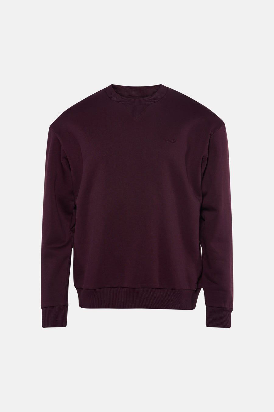 Bordeaux crewneck sweatshirt by Antwerp, front view, ribbed cuffs and hem, minimal logo on chest