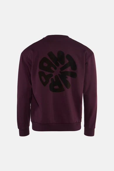 Bordeaux crewneck sweatshirt with black circular graphic print on back, ribbed cuffs and hem, back view
