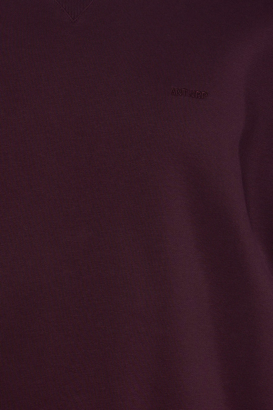 Bordeaux O-neck sweatshirt by Antwerp with subtle embroidered logo, close-up front view, soft knit texture