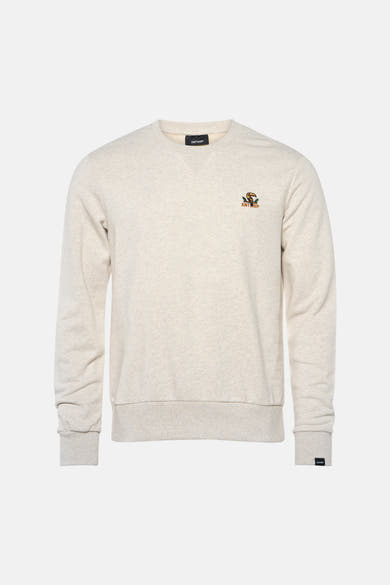 Sweatshirt beige chiné par ANTWRP, avec un logo toucan brodé sur la poitrine.
