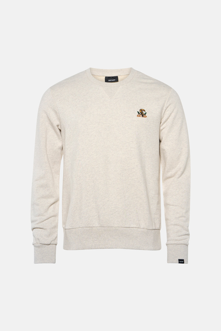 Sweatshirt beige chiné par ANTWRP, avec un logo toucan brodé sur la poitrine.