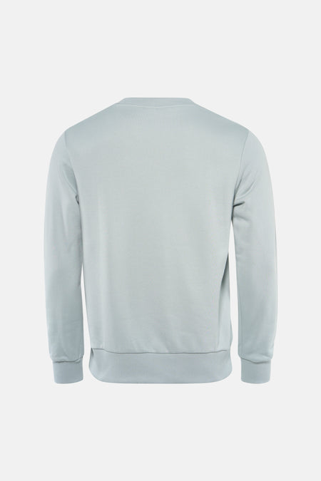 Blauwe ANTWRP-sweater, achterkant, met een zachte textuur en een klassieke ronde hals.