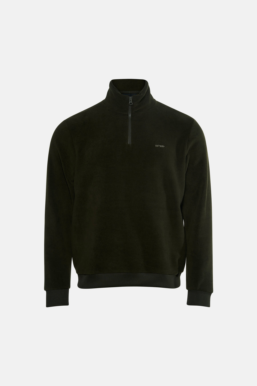 Dark green fleece pullover with half-zip collar and ribbed cuffs, by Antwerp, front view showing subtle chest logo.