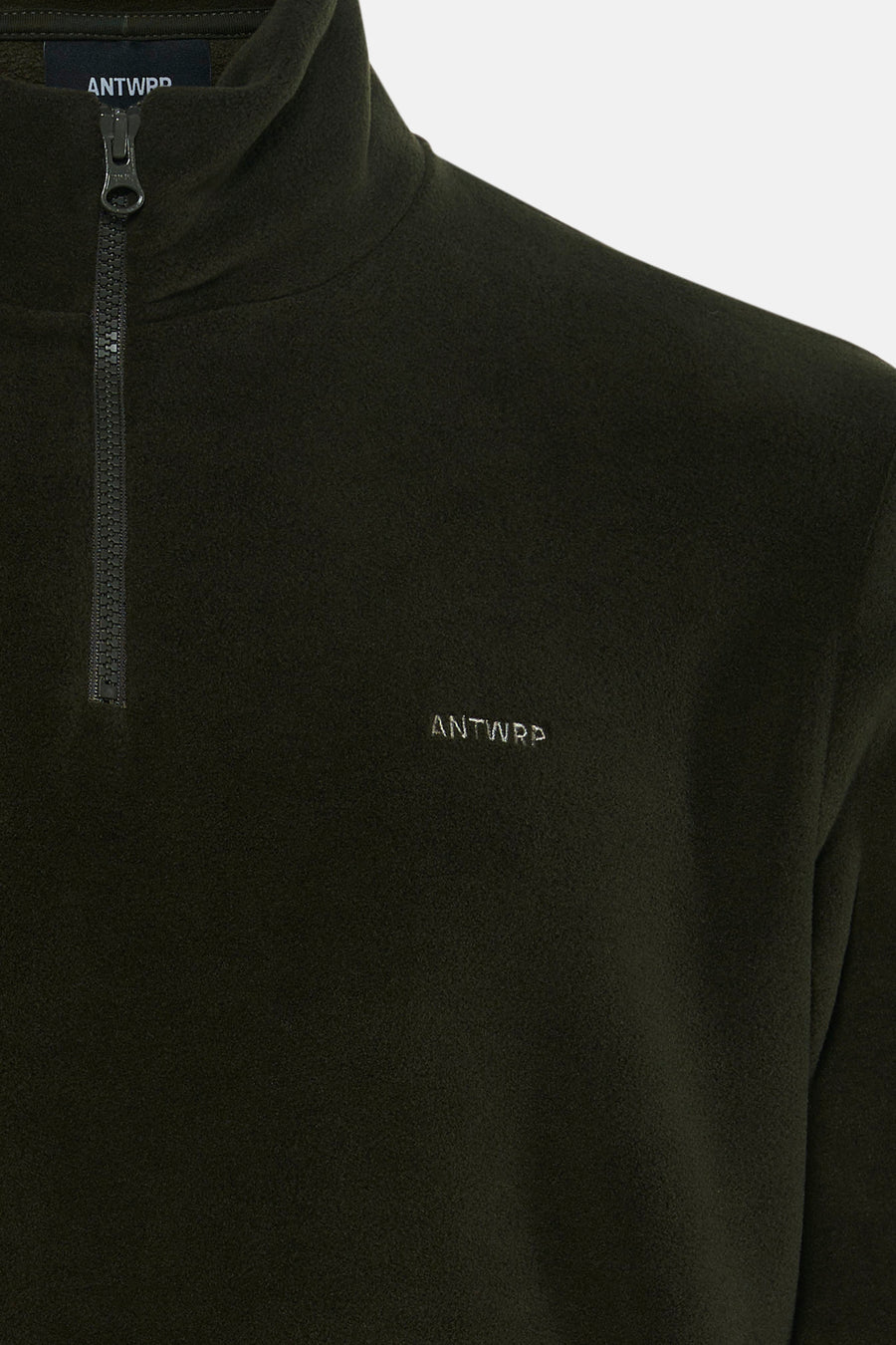 Olive green fleece pullover with half-zip collar by ANTWRP, featuring subtle embroidered logo on chest, soft textured fabric, close-up front view.