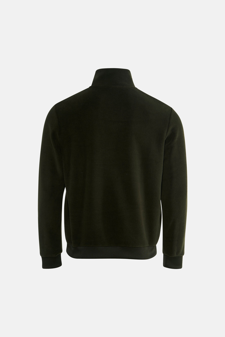 Dark green fleece jacket with ribbed cuffs and hem, back view, soft textured material