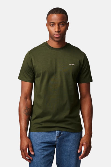 Olive green short-sleeve t-shirt by ANTWRP with small chest logo, worn with blue jeans, front view