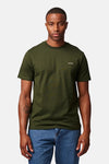 Olive green short-sleeve t-shirt by ANTWRP with small chest logo, worn with blue jeans, front view