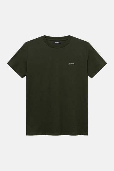 Olive green short-sleeve t-shirt by ANTWRP with small white logo on chest, crew neck, plain front, flat lay view