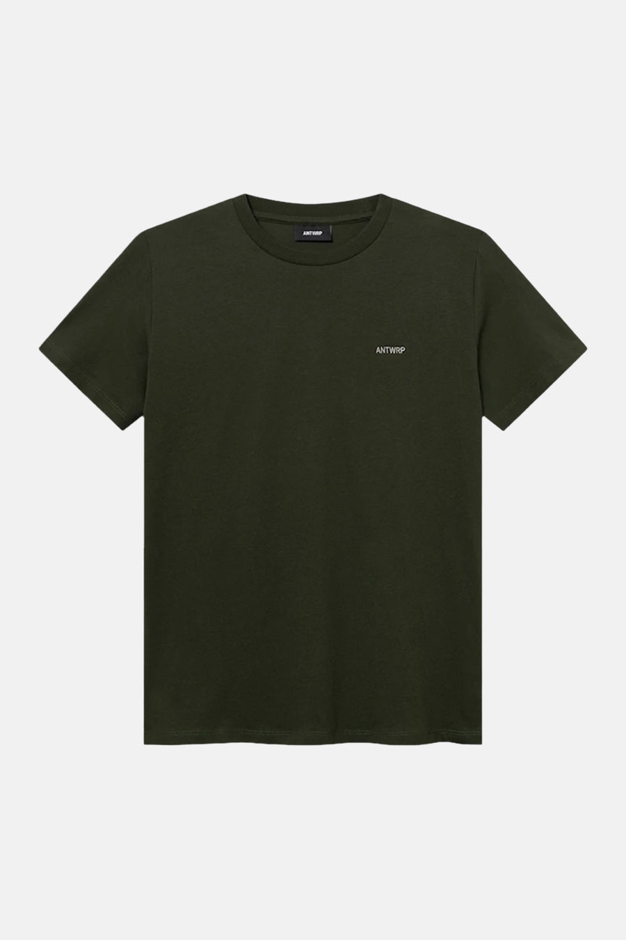 Olive green short-sleeve t-shirt by ANTWRP with small white logo on chest, crew neck, plain front, flat lay view