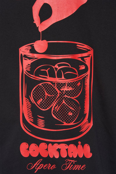 Zwart T-shirt met korte mouwen van ANTWRP, met rode cocktailillustratie en opschrift "Cocktail Apero Time".