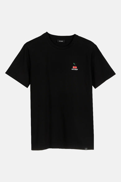 Zwart T-shirt met korte mouwen van ANTWRP, met een kersenlogo op de voorkant.