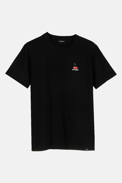 Zwart T-shirt met korte mouwen van ANTWRP met een kersenprint op de voorkant.