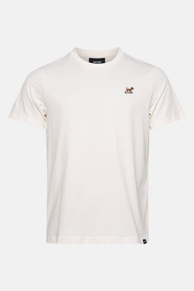 Ecru T-shirt met korte mouwen van ANTWRP met een geborduurd hondlogo en de merknaam.