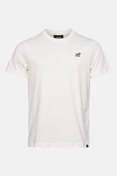 Ecru T-shirt met korte mouwen van ANTWRP met een geborduurd hondlogo en de merknaam.