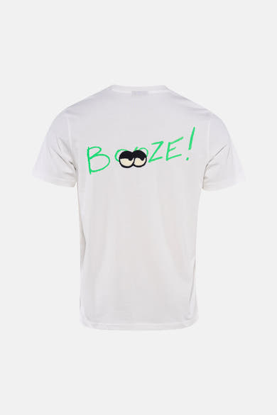 Wit T-shirt met korte mouwen van ANTWRP, met groene belettering en oogmotief op de rug.