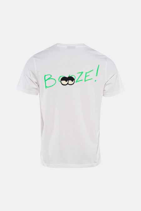 Wit T-shirt met korte mouwen van ANTWRP, met groene belettering en oogmotief op de rug.