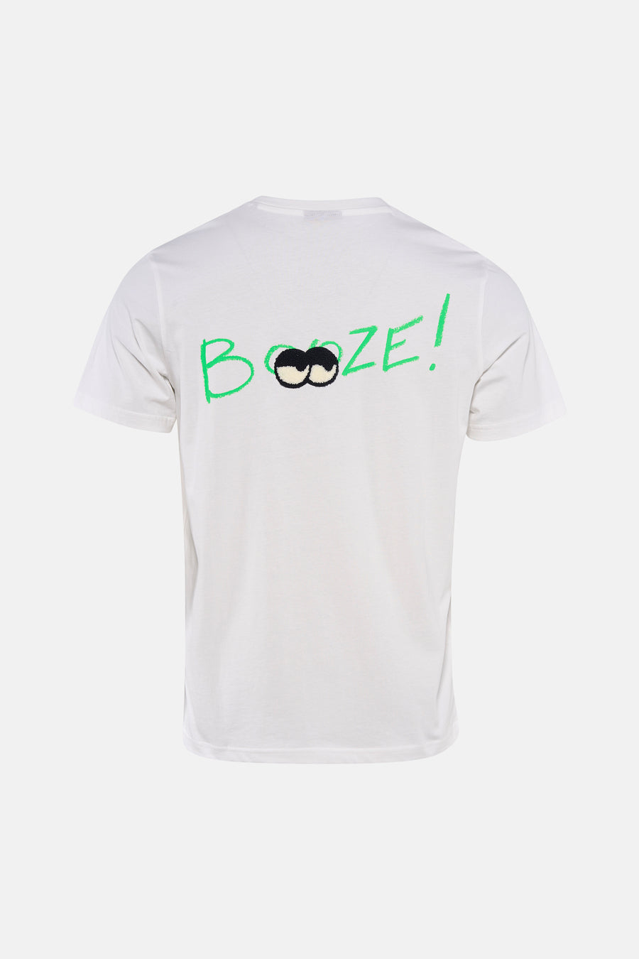 Wit T-shirt met korte mouwen van ANTWRP, met groene belettering en oogmotief op de rug.