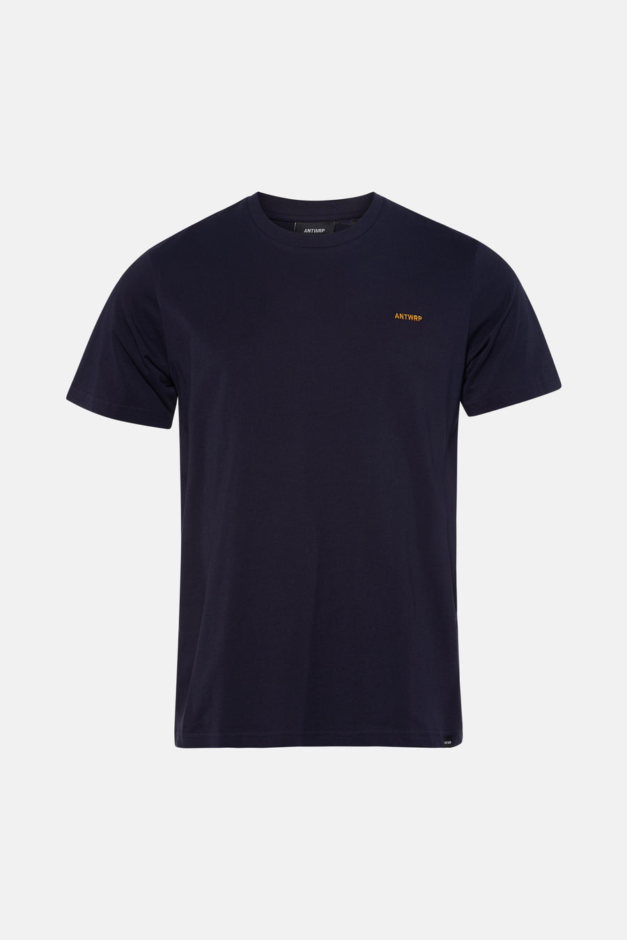 Blauw T-shirt met korte mouwen van ANTWRP, met oranje geborduurd logo op de borst, op een effen achtergrond.