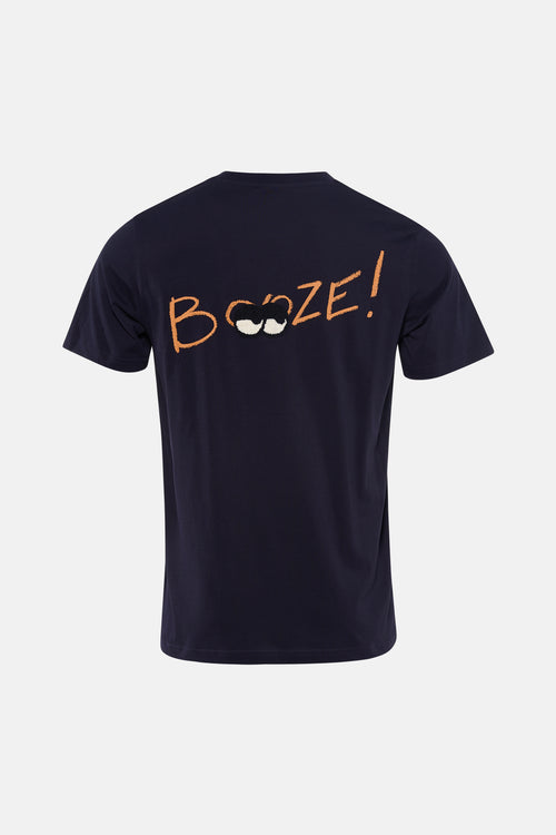 T-shirt à manches courtes bleu marine d'ANTWRP, avec motif "Booze!" orange et illustration lunettes sur le dos.