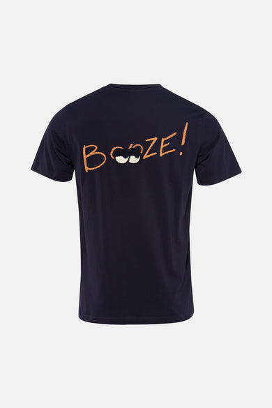 T-shirt à manches courtes bleu marine d'ANTWRP, avec motif "Booze!" orange et illustration lunettes sur le dos.