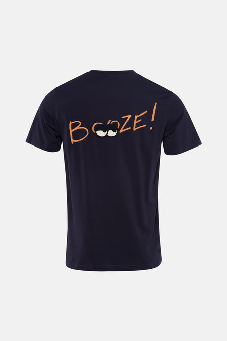 Marineblauwe T-shirt met korte mouwen van ANTWRP, met oranje "Booze!"-print en brilillustratie op de rug.