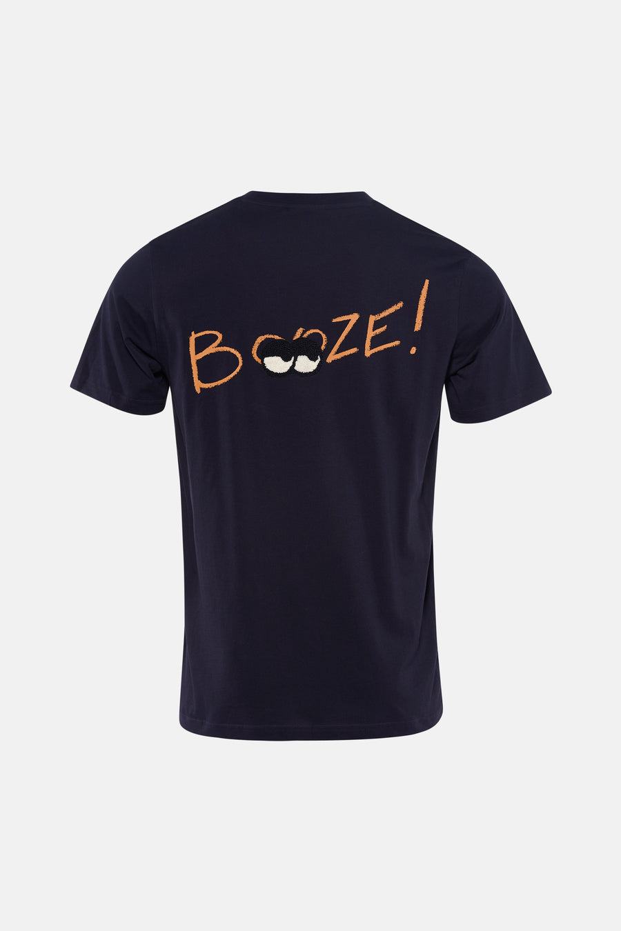 Marineblauwe T-shirt met korte mouwen van ANTWRP, met oranje "Booze!"-print en brilillustratie op de rug.